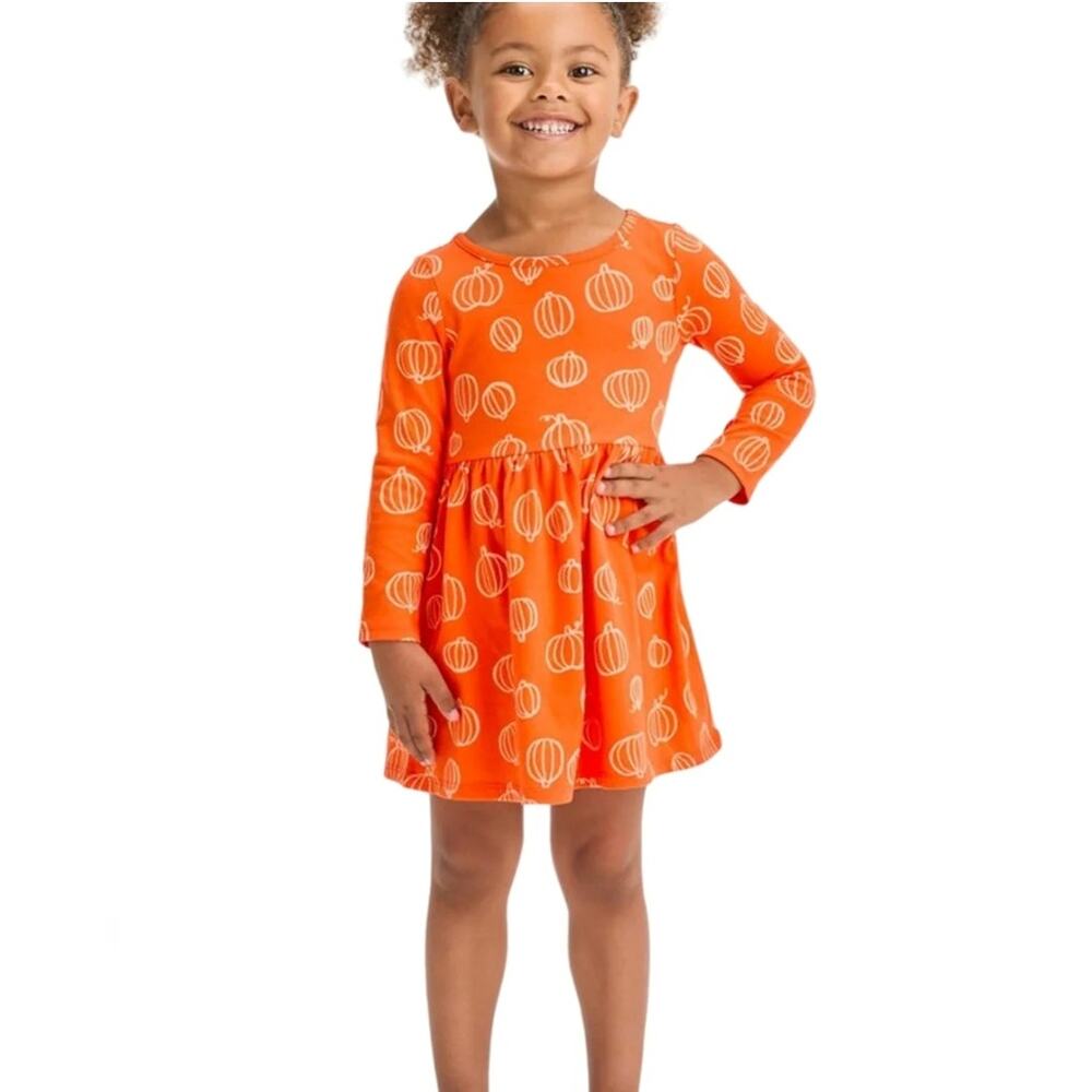 Cat & Jack Pumpkin Print Long Sleeve Dress 5T Orange Fit & Flare Thanksgiving